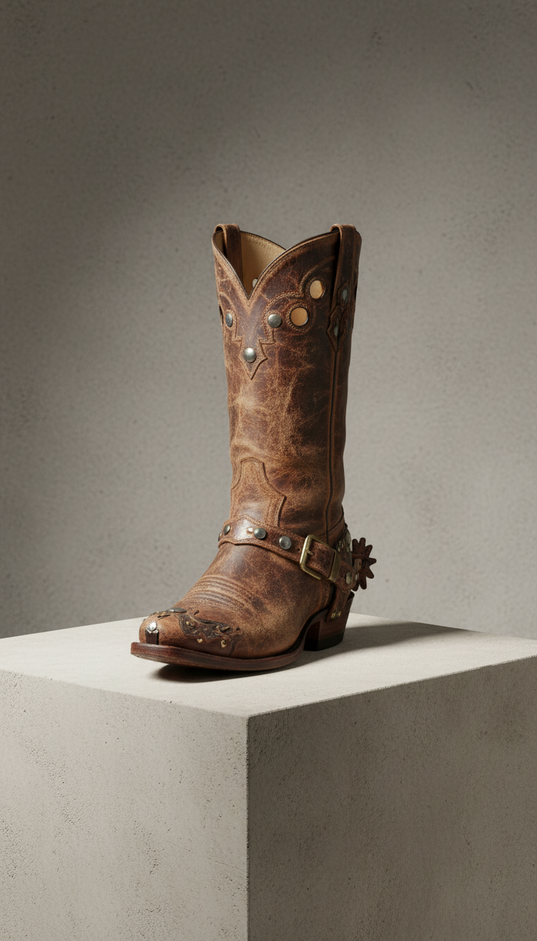 Bottes cowboy cuir usé et métal